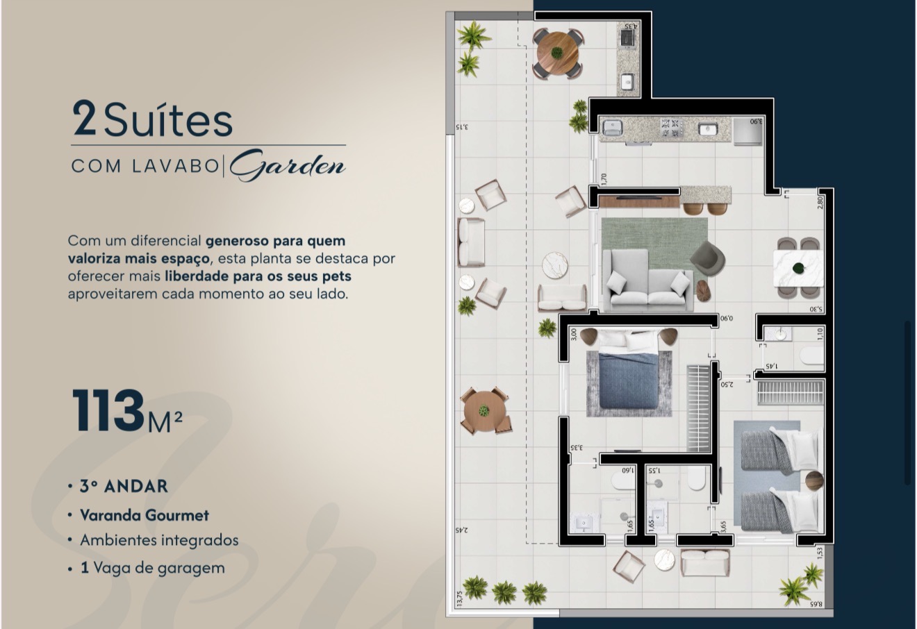 Planta 2 suítes Garden 113m² — Residencial Sereine