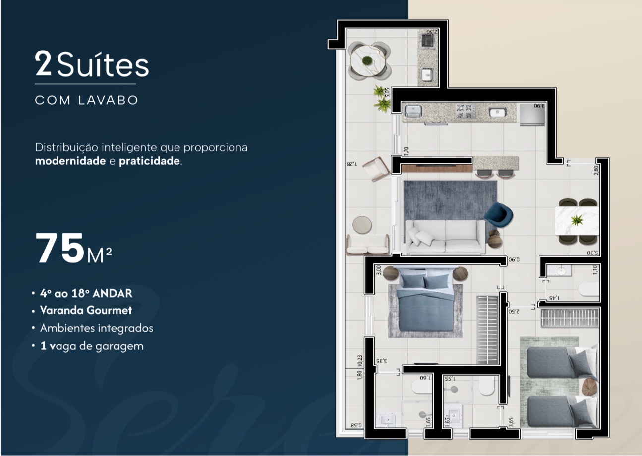 Planta 2 suítes 75m² — Residencial Sereine