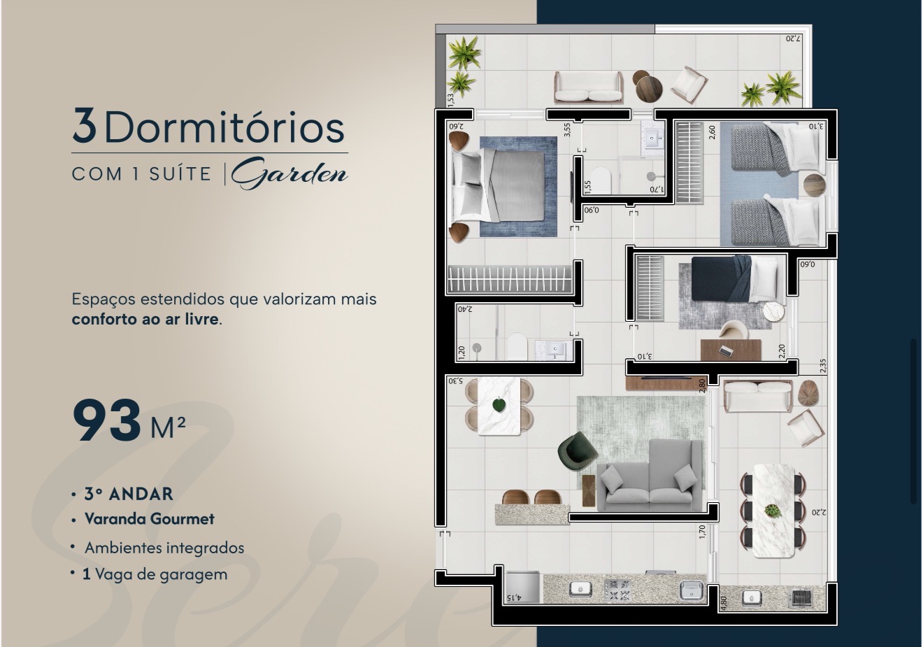 Planta 3 dormitórios Garden 93m² — Residencial Sereine