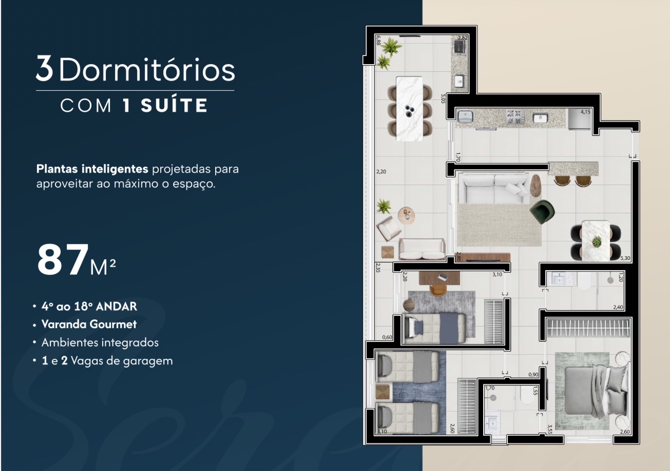 Planta 3 dormitórios 87m² — Residencial Sereine
