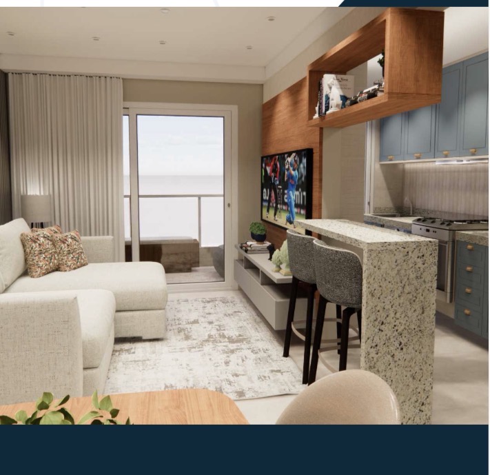 Sala com varanda gourmet e vista para o mar — Residencial Sereine